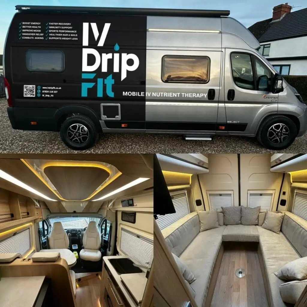 exterior and interior display of IV Drip Fit Mobile Clinic based in Bristol