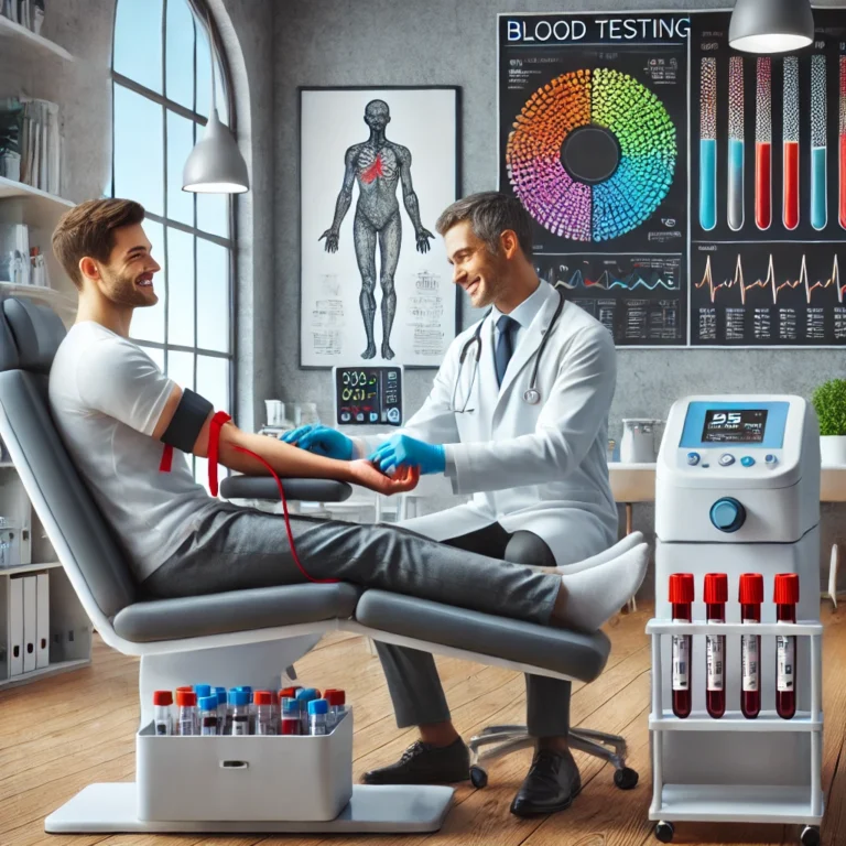 A hyper-realistic image of a friendly healthcare professional drawing blood from a patient in a modern, well-lit clinic. The scene includes advanced m