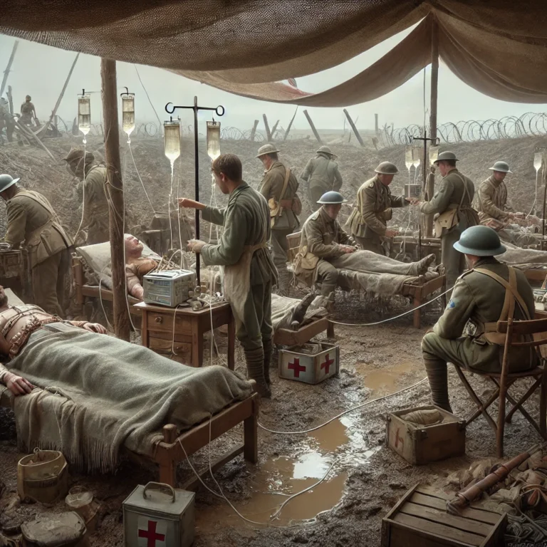 A hyper-realistic scene depicting World War I soldiers receiving IV therapy. The setting is a makeshift medical tent on the battlefield with muddy group